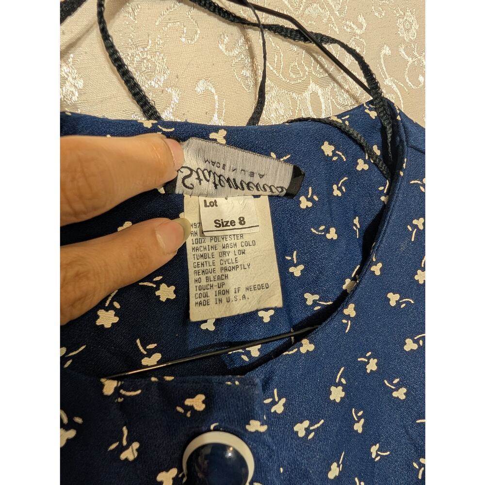 80s Cottagecore Navy Blue Ditsy Floral Dress Statements Made in USA Size 8 - Picture 2 of 7